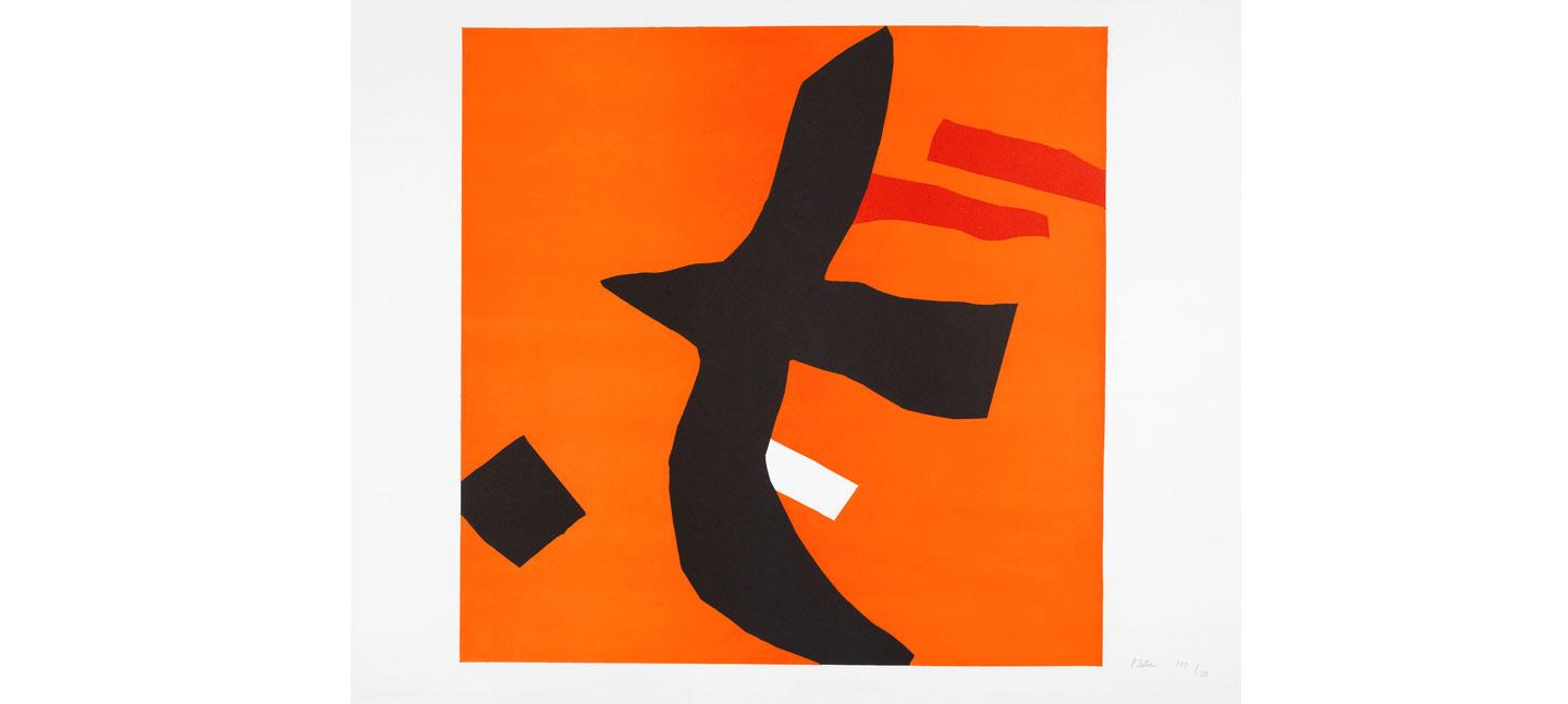 A lithograph by artist Philip Sutton, Pacific, 1966, courtesy Gwen Hughes Fine Art, showing an abstract black bird form set against an orange backdrop
