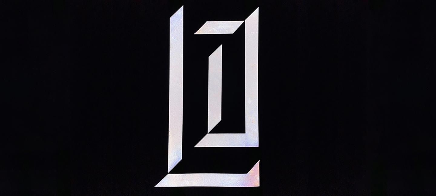 An artwork by Vivienne Griffin and Paul Purgas. A graphic L and J, standing for Latent Joy,  of disparate long white rectangles are placed on a black background.