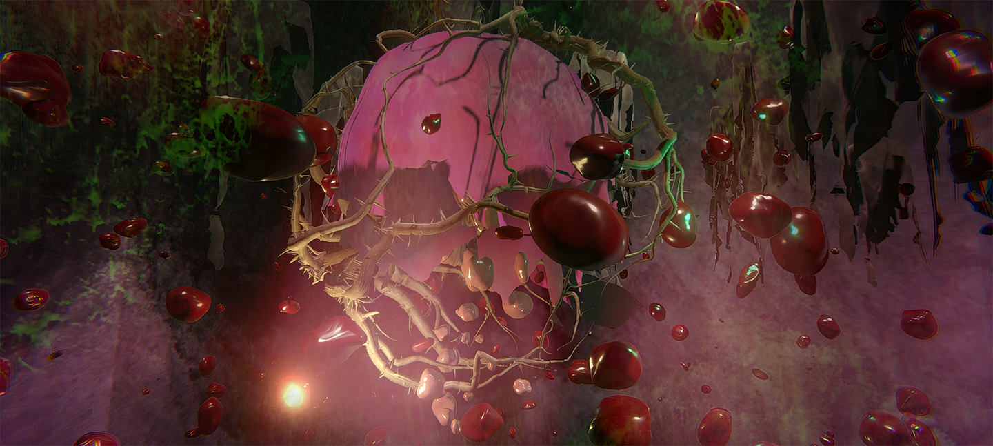 A digital render of the virtual reality experience Heartbreak and Magic by Libby Heaney. At the centre is an orb like structure from which grow branches and large red blood-like blobs float in the space.