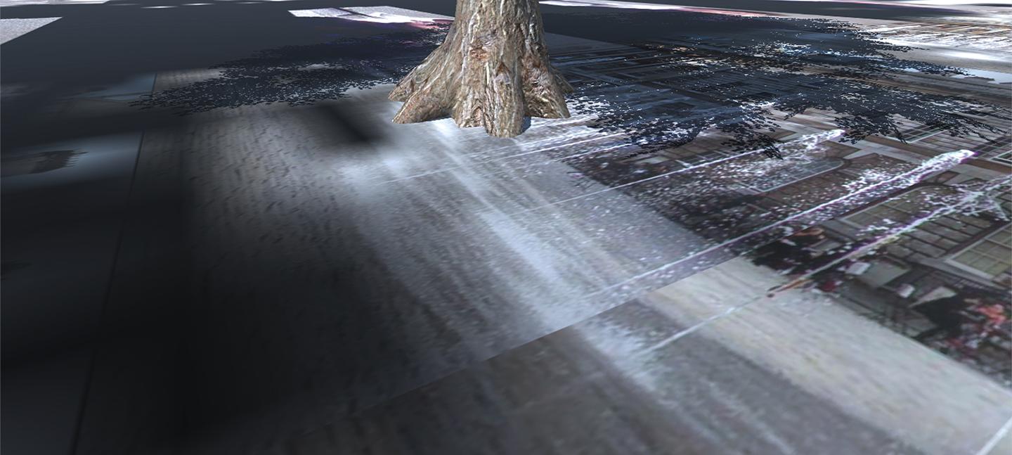 A digital rendering of a tree trunk positions middle top of the image, on a floor or varying textures, made up of images of paving stones, people sat on chairs outside and the tree's shadow.