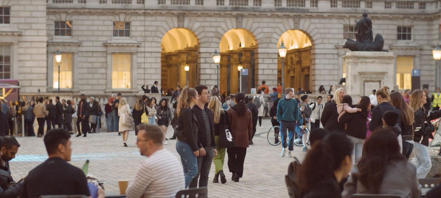 Morgan Stanley Lates 13 Apr showing audiences gathered in the courtyard at Somerset House