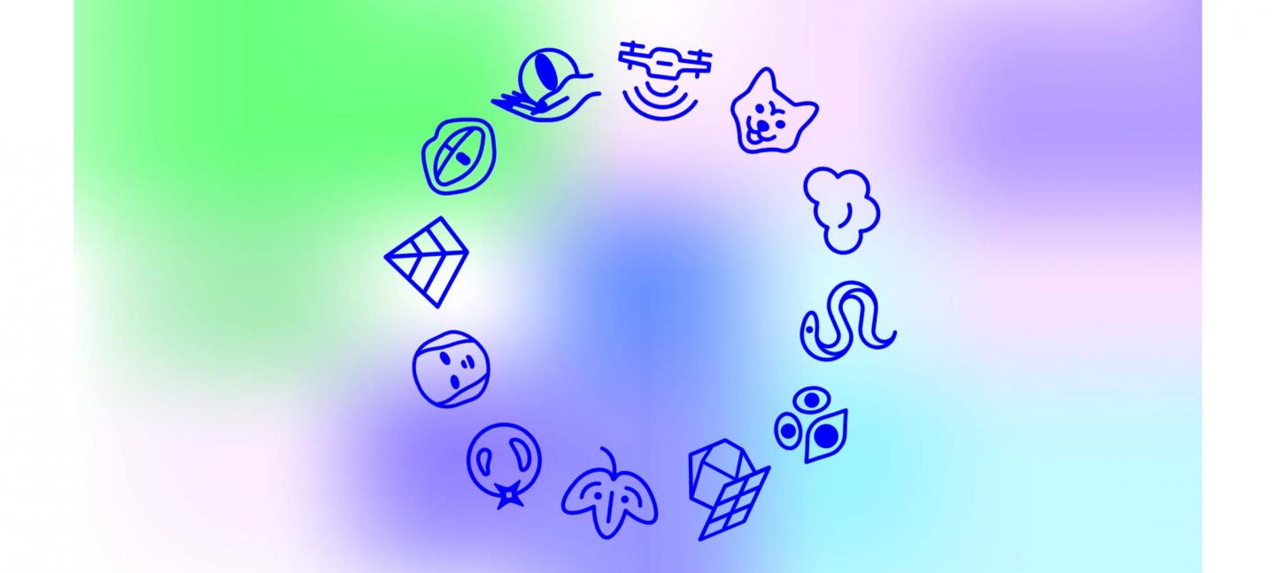 A designed graphic for New Mystics. Symbols such as a wolf, clouds, a snake, a leaf, a pyramid and lips are displayed in a circle on a colourful gradient background of green and blue.