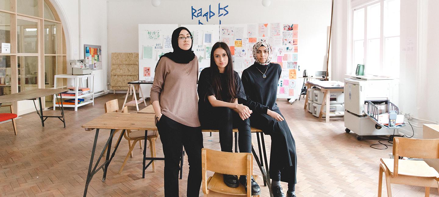 a photo of Rose Nordin, Sofia Niazi and Heiba Lamara (OOMK) in their studio at Somerset House