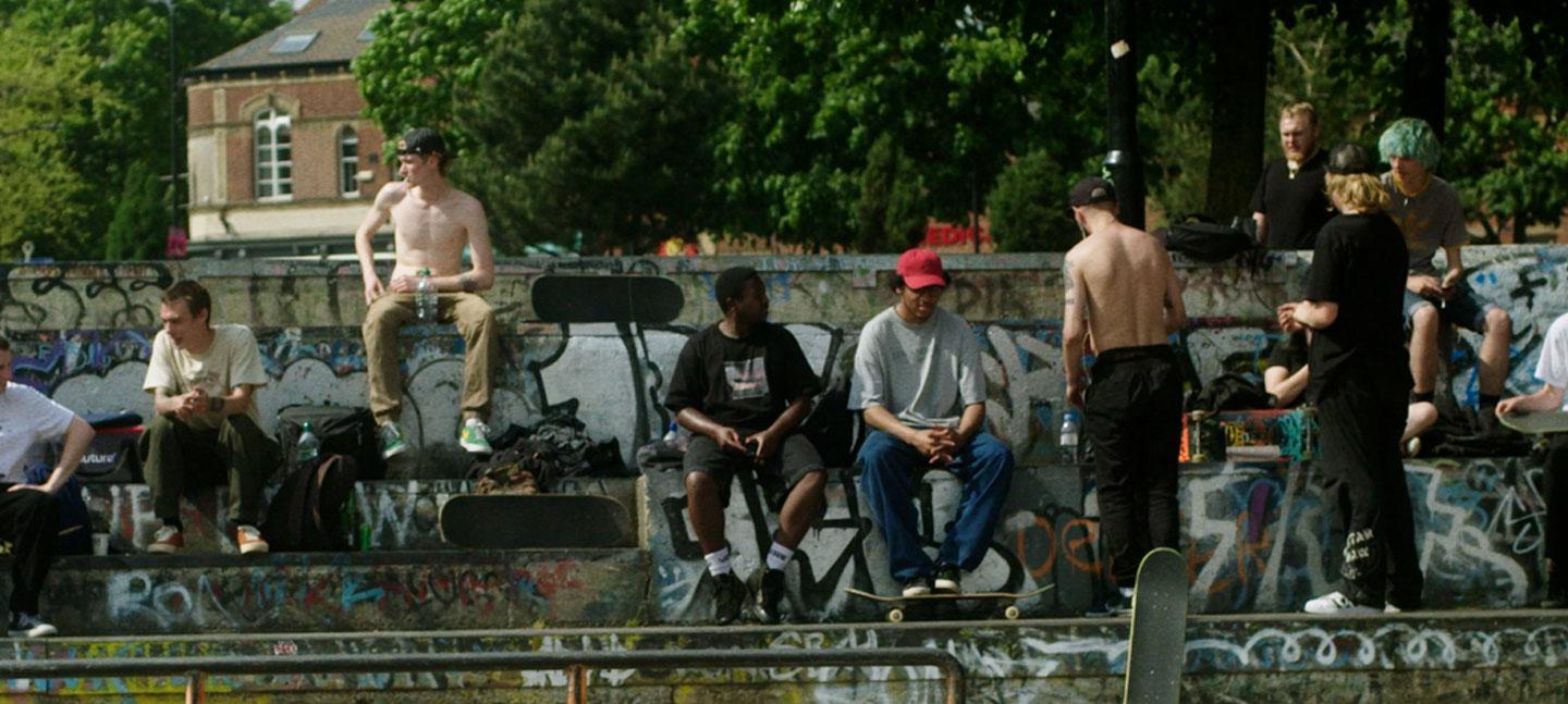 Only In Dev film still shows a skate park in Sheffield with a group of skaters hanging out