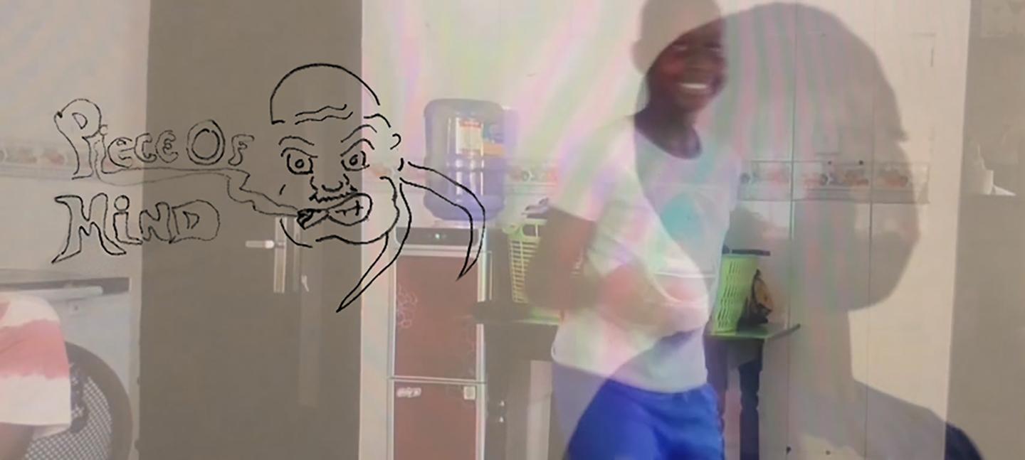 A photo of a young boy smiling, with a second exposure of a boy looking downwards, and angled to the right. Superimposed on these two images is a drawing of a face smoking, whilst wearing a durag. Next to the drawing are the words 'Piece of Mind'