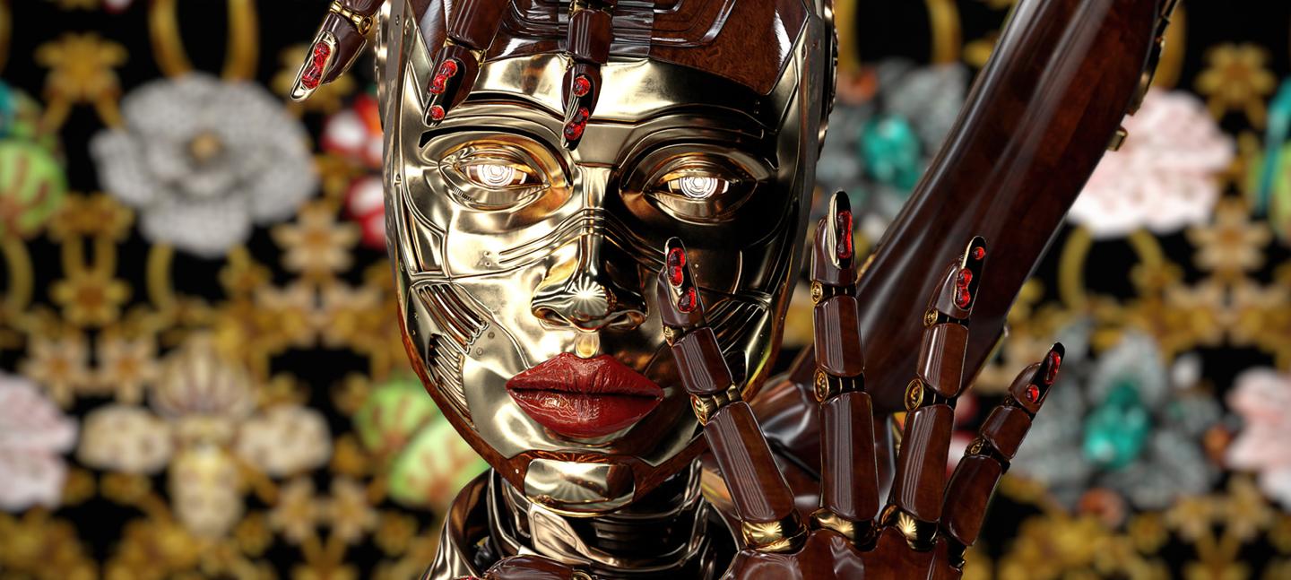 A close-up of an AI humanoid figure that features in Rashaad Newson's Hands Performance film