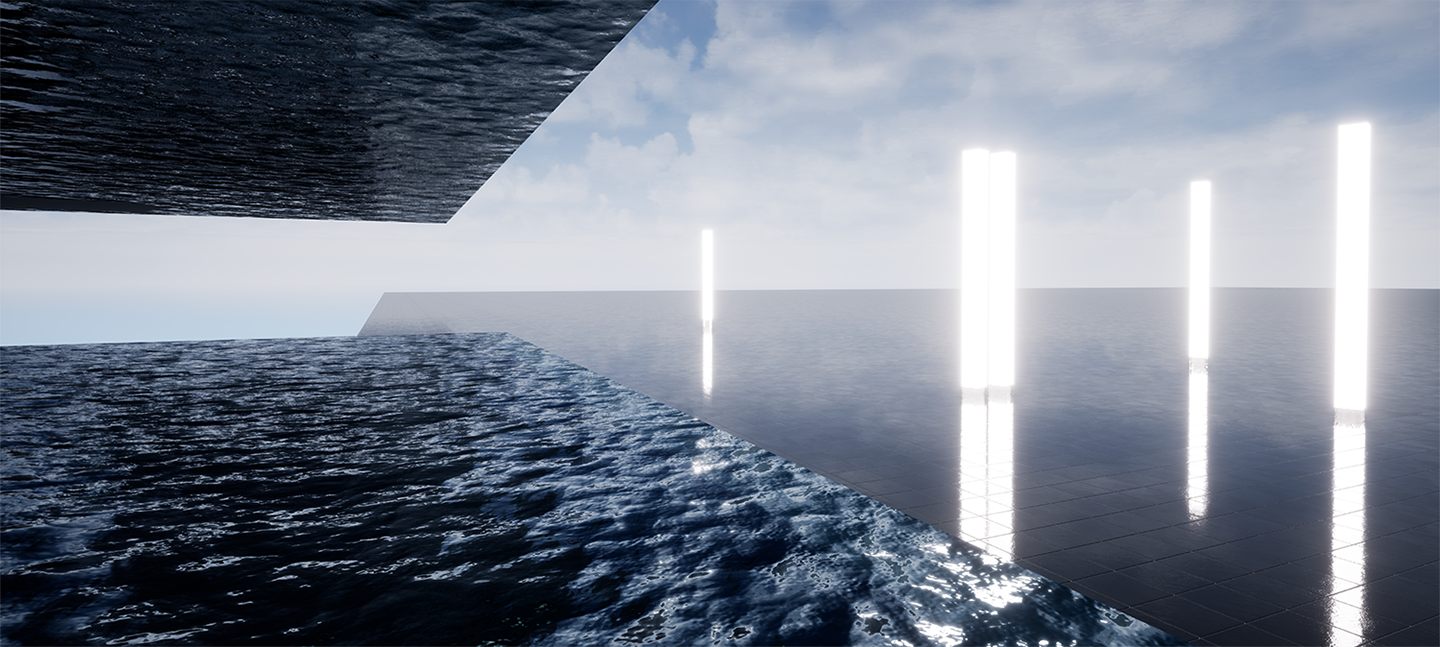 A digital render from a film made by Vivienne Griffin. There is a blue sky with clouds. Underneath it are 4 white sticks of light, reflected in water beneath them. To the left are angular sections of rippled water.