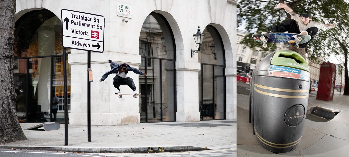 A group of 3 young men skateboarding along the Strand, past Somerset House. They are moving quickly and this is shown through the blurred out of focus quality of the image.