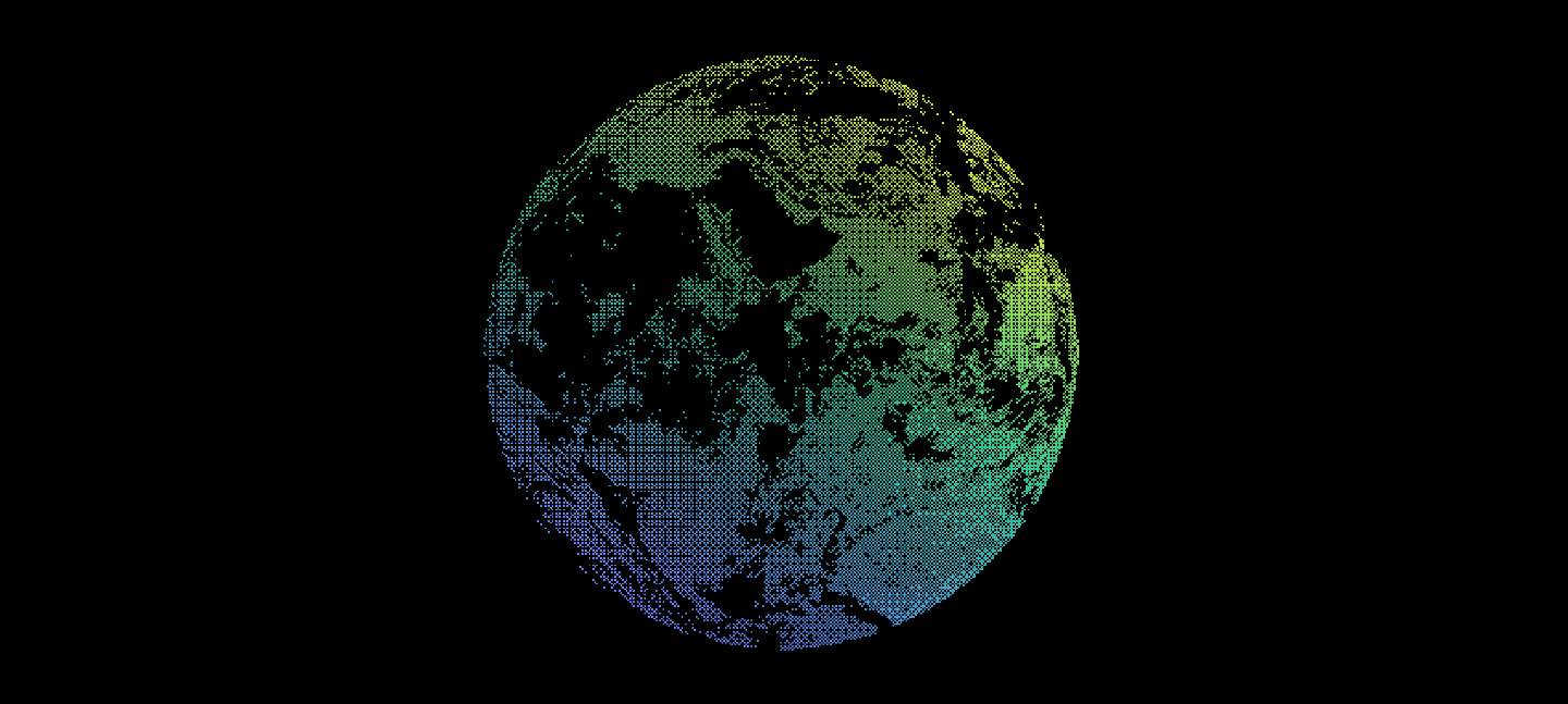 A graphic of the Earth made with pixel-like shape in a colour gradient that moves from yellow to blue across the globe, on a background of black.