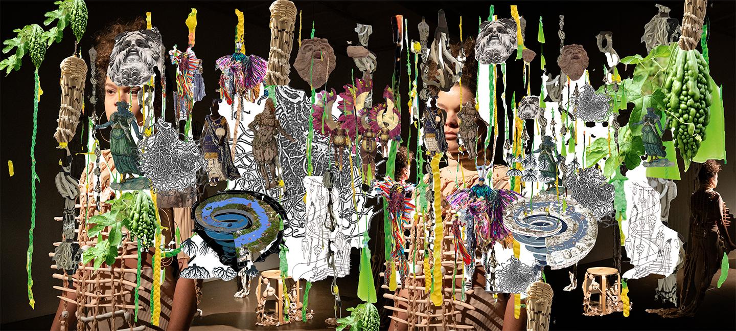 A digital collage of random objects overlaid one another. There are figures of people, plants, drawings of roots and skeletal structures and statues.