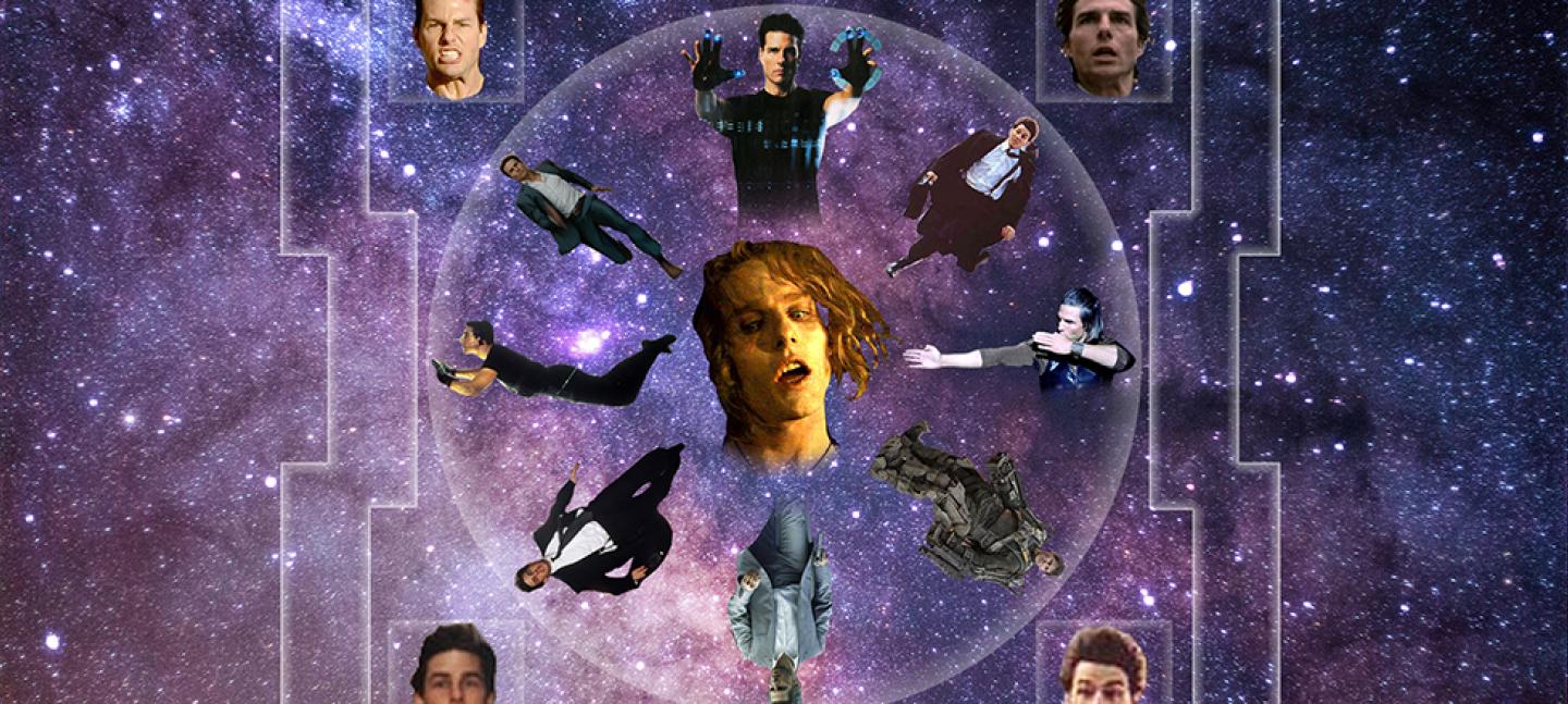 Various head shots of the actor Tom Cruise against the backdrop of stars in the cosmos
