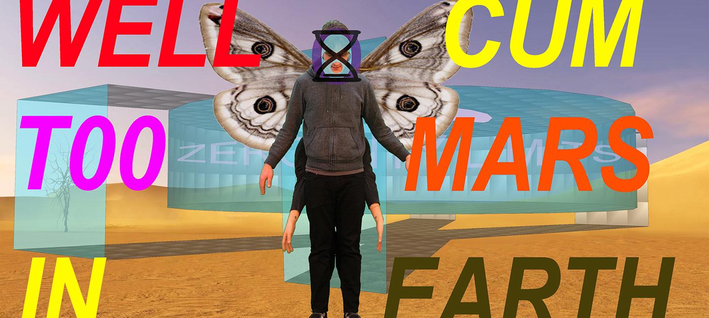 A digital collage by Plastique Fantastique. A human with four arms and wings stands in the middle.There is text that reads: Well Cum T00 Mars in Earth