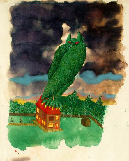 A drawing of a giant monster standing on house with a red roof
