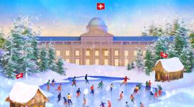 A digital graphic illustration of people ice skating in front of Somerset House. The building has been transported to a uniquely Swiss environment, with clear blue skies and mountains in the background.