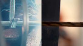 Two different shots pieced together side by side. On the right hand side is a drill bit going into hard and dark surface. On the left is another tool, matching perfectly with the drill bit. From the tool are sparks of light and movement.