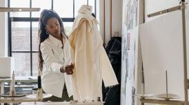 Bianca-Saunders-working-on-a-sample-of-her-commission-for-The-Missing-Thread_-Untold-Stories-of-Black-British-Fashion-at-her-Hackney-studio.-Photo-by-Anne-Tetzlaff