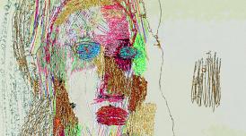 An artwork by Alice Kettle. Thread on linen, depicting a face in colourful stitching.