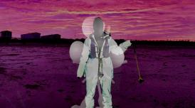 A digital rendering of a landscape with a man stood on a beach, with pink skies