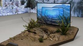 An installation view of artwork by Timur Si-Qin. It shows a flat screen TV with an infinity image of the scene around the TV displayed in blue. The TV stands at the head of a patch of sandy with plants growing out of it.