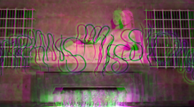 Photo of a statue of a reclining figure with a digital glitch  and the word 'Transmissions ' overlaid
