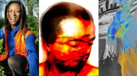 A series of 3 images. The first image is a photo of a smiling Black woman, surrounded by nature.  The middle image is a blurred photo of multiple exposures of a head in red and yellow. The third image is graphic of a crowd cheering, buildings behind.