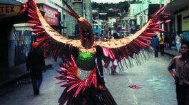 Horace Ové photograph of Trinidad Carnival showing a reveller in an elaborate bird suit