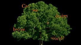 Artwork for London Design Biennale 2021. It shows a tree against a black backdrop with the words 'Can we design a better world?' placed in the branches of the tree.