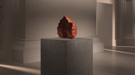 An artwork from the LOEWE FOUNDATION Craft Prize 2021 digital exhibition A  red stone like object sits upon a grey concrete plinth in a vast museum-like room.