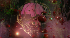 A digital render of the virtual reality experience Heartbreak and Magic by Libby Heaney. At the centre is an orb like structure from which grow branches and large red blood-like blobs float in the space.