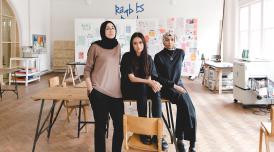 a photo of Rose Nordin, Sofia Niazi and Heiba Lamara (OOMK) in their studio at Somerset House