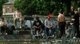 Only In Dev film still shows a skate park in Sheffield with a group of skaters hanging out