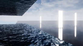 A digital render from a film made by Vivienne Griffin. There is a blue sky with clouds. Underneath it are 4 white sticks of light, reflected in water beneath them. To the left are angular sections of rippled water.