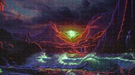 A photo of a kitsch jigsaw puzzle depicting waves, mountains and a setting sun in deep colours of blue, purple, pink.