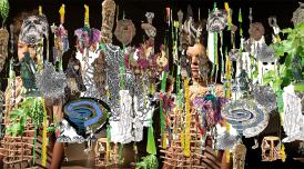 A digital collage of random objects overlaid one another. There are figures of people, plants, drawings of roots and skeletal structures and statues.