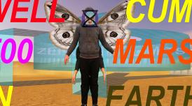 A digital collage by Plastique Fantastique. A human with four arms and wings stands in the middle.There is text that reads: Well Cum T00 Mars in Earth