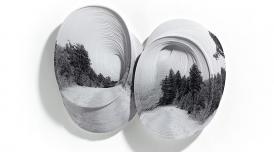 A pair of earring made of concentric circle, with a landscape of trees reflected back