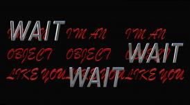 An image with a black background and words in red and silver that say 'I'm an object like you' and 'Wait'