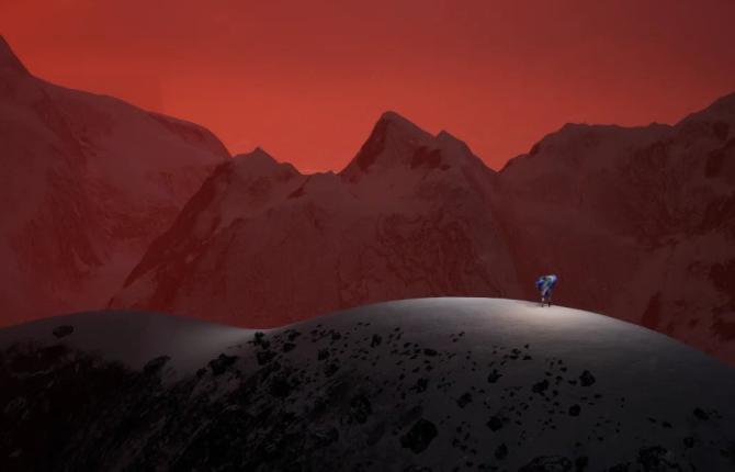A screenshot from Keiken's Morphogenic Angels showing a small digital render of an angel stood on a rocky hillside against a red sky.
