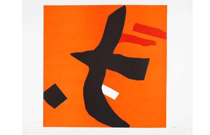 A lithograph by artist Philip Sutton, Pacific, 1966, courtesy Gwen Hughes Fine Art, showing an abstract black bird form set against an orange backdrop