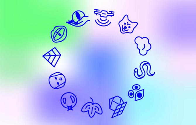 A designed graphic for New Mystics. Symbols such as a wolf, clouds, a snake, a leaf, a pyramid and lips are displayed in a circle on a colourful gradient background of green and blue.