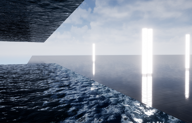 A digital render from a film made by Vivienne Griffin. There is a blue sky with clouds. Underneath it are 4 white sticks of light, reflected in water beneath them. To the left are angular sections of rippled water.
